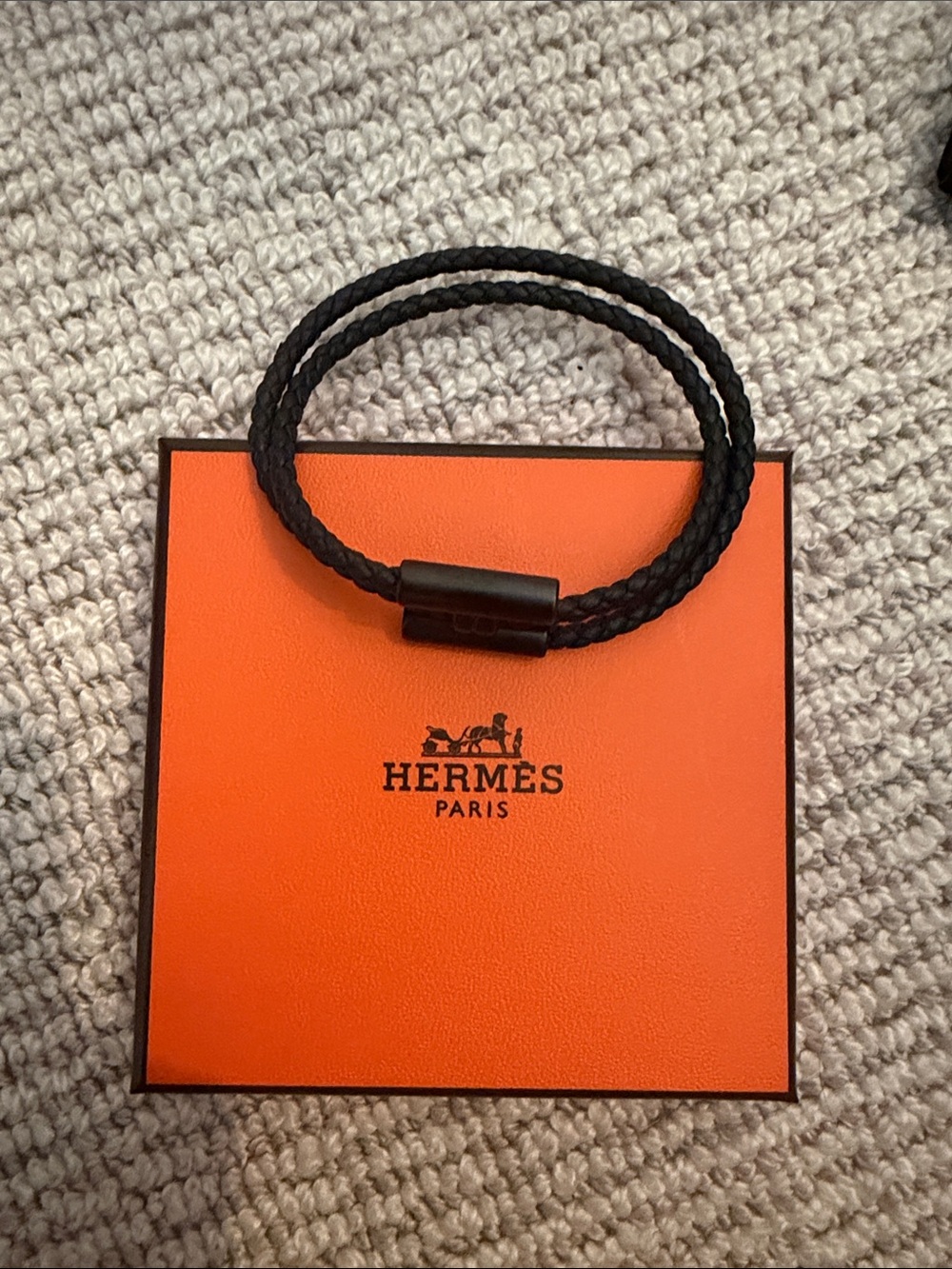 Hermes Black Braided Leather Double-Wrap Bracelet